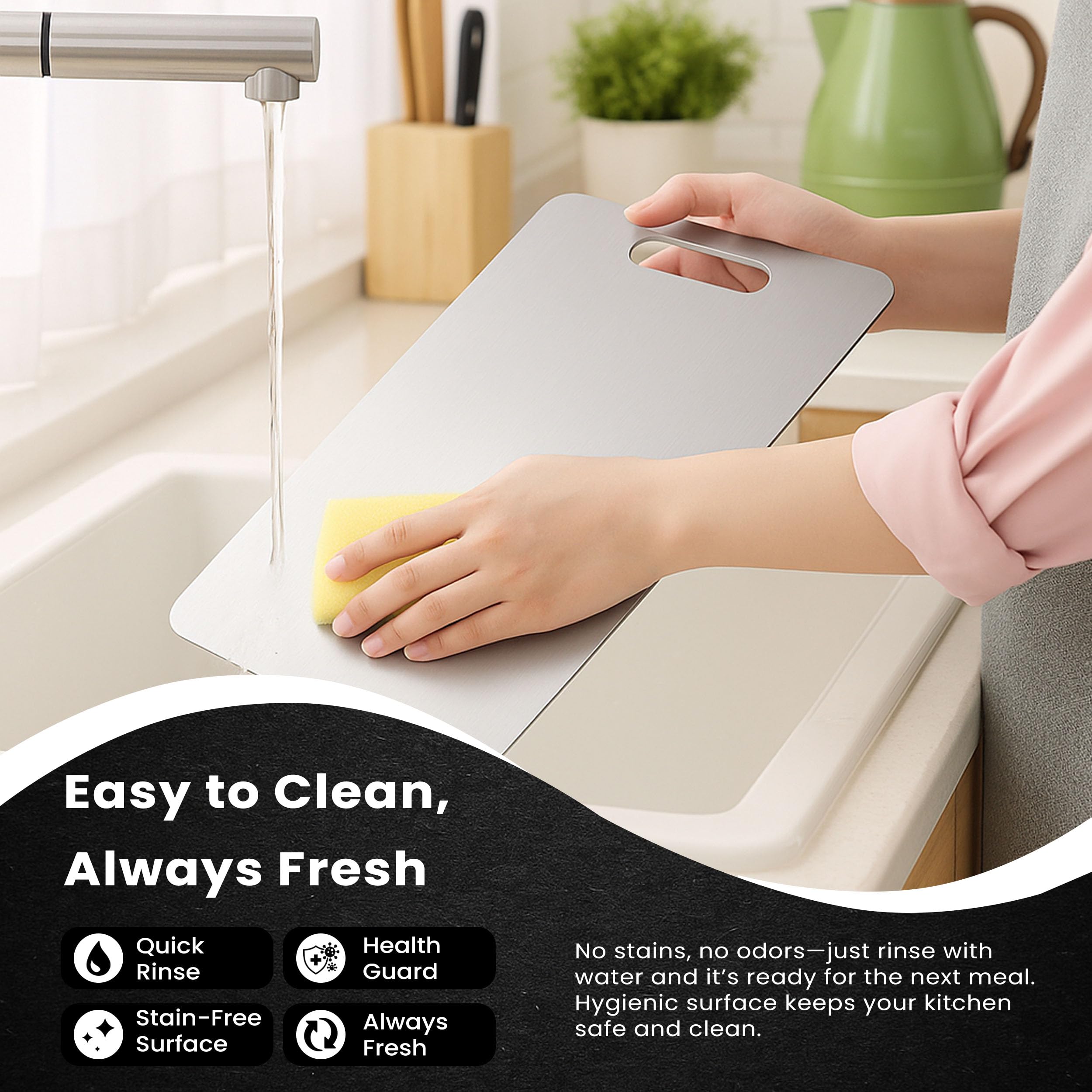 PrimeCutKitchen titanium cutting board hanging slot for tidy storage.