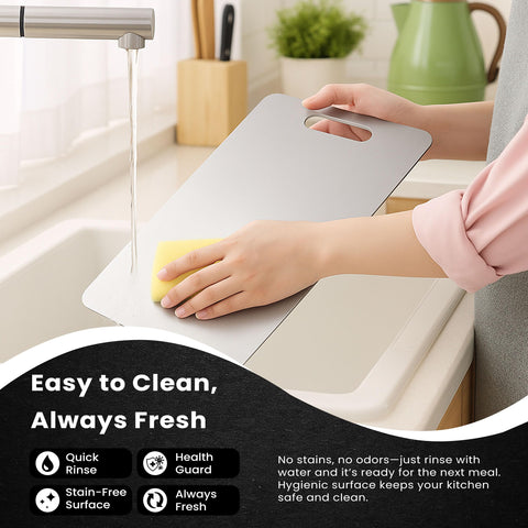 PrimeCutKitchen titanium cutting board hanging slot for tidy storage.