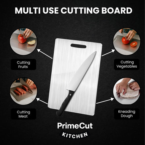 PrimeCutKitchen titanium cutting board meat side, back side designed for raw proteins.
