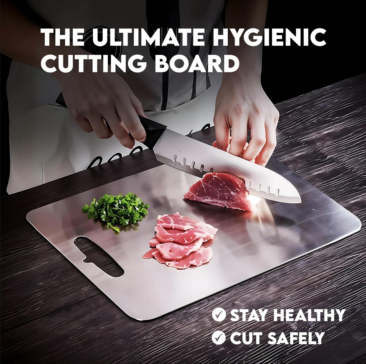 PrimeCutKitchen titanium cutting board microplastic-free design for safe kitchen prep.