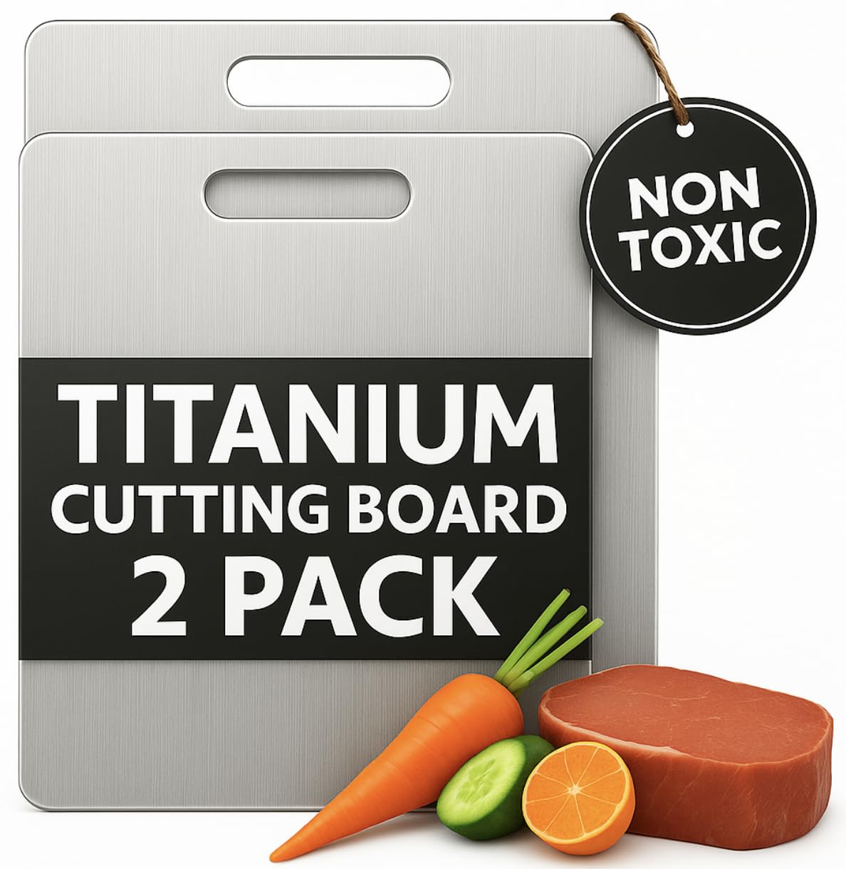 PrimeCutKitchen titanium cutting board set two-pack, top view, space-saving design.