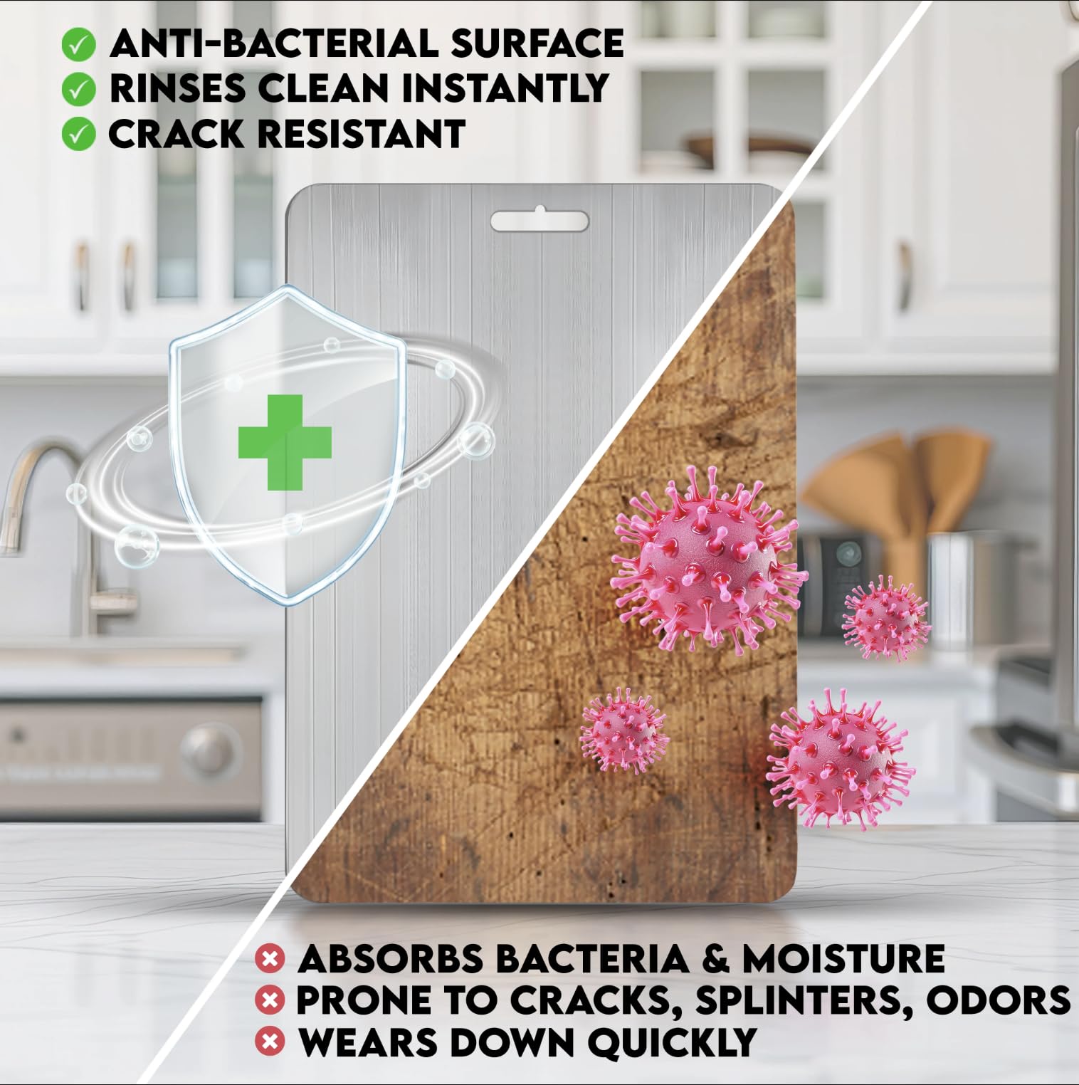 PrimeCutKitchen titanium cutting board smooth surface, easy rinse and quick cleanup.