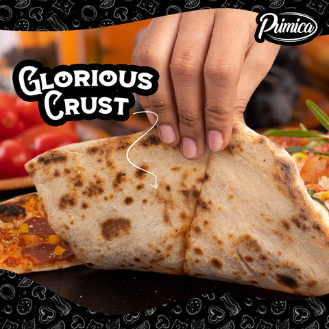 Primica Pizza Steel XL crust blistering surface for restaurant-style bite.