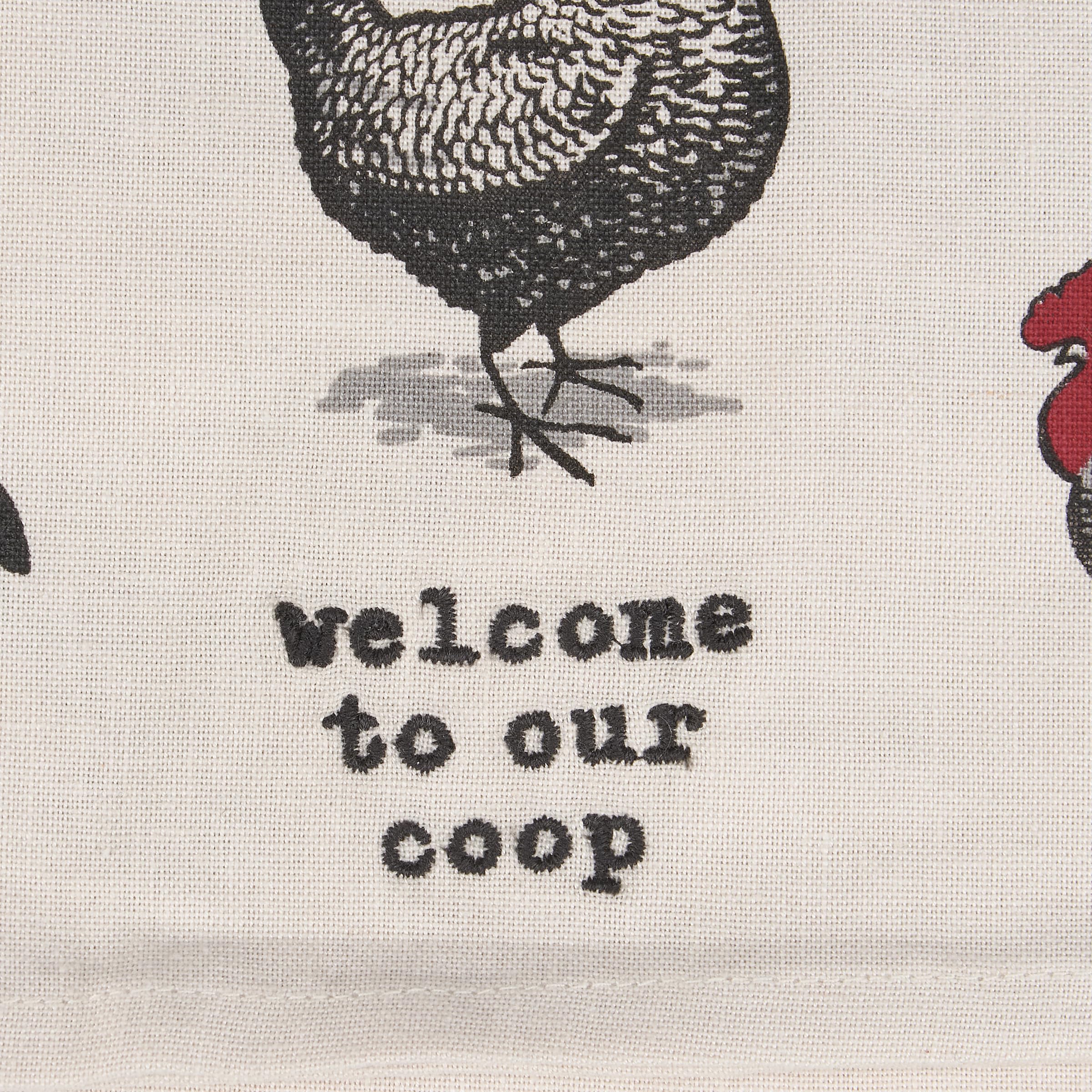 Primitives by Kathy towel with embroidered sentiment Welcome To Our Coop for a charming kitchen vibe.