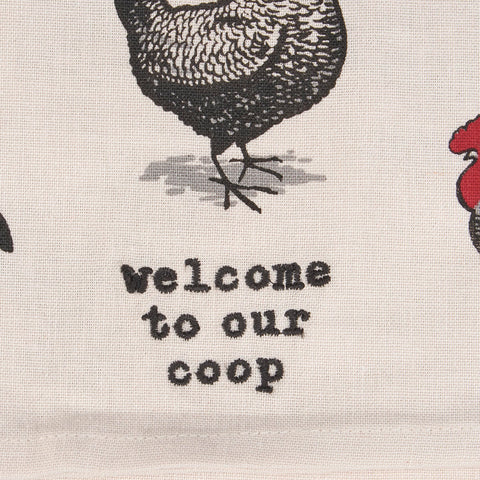 Primitives by Kathy towel with embroidered sentiment Welcome To Our Coop for a charming kitchen vibe.