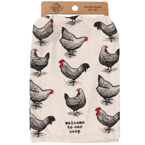 Primitives by Kathy farmhouse chicken print towel showing a lively kitchen accent.