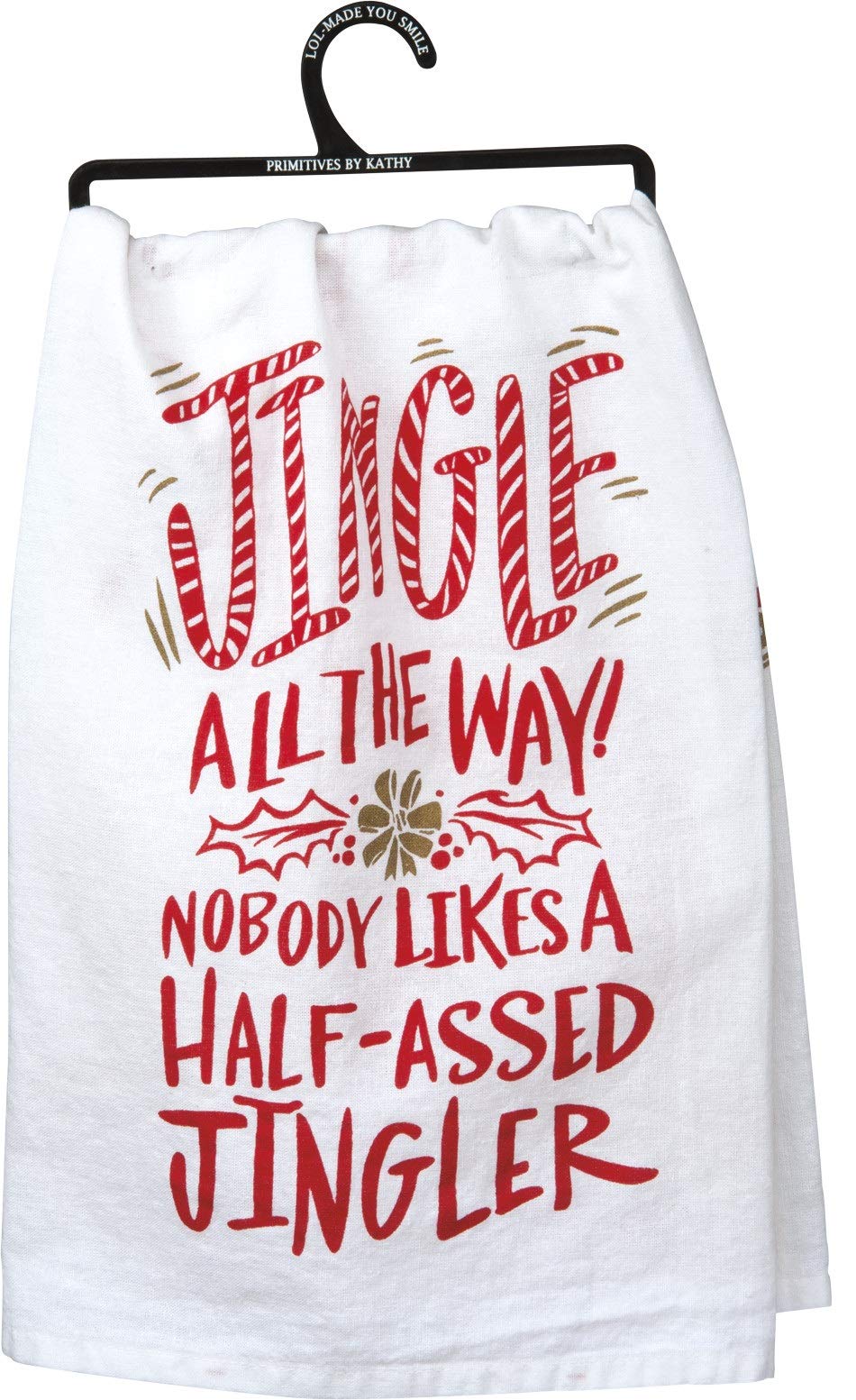 Primitives by Kathy LOL Made You Smile dish towel with bell and candy canes for festive kitchens