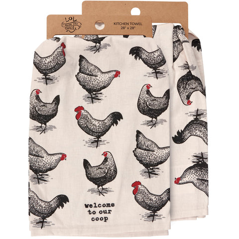 Primitives by Kathy Welcome to Our Coop towel with chickens—perfect farmhouse decor and everyday kitchen helper.