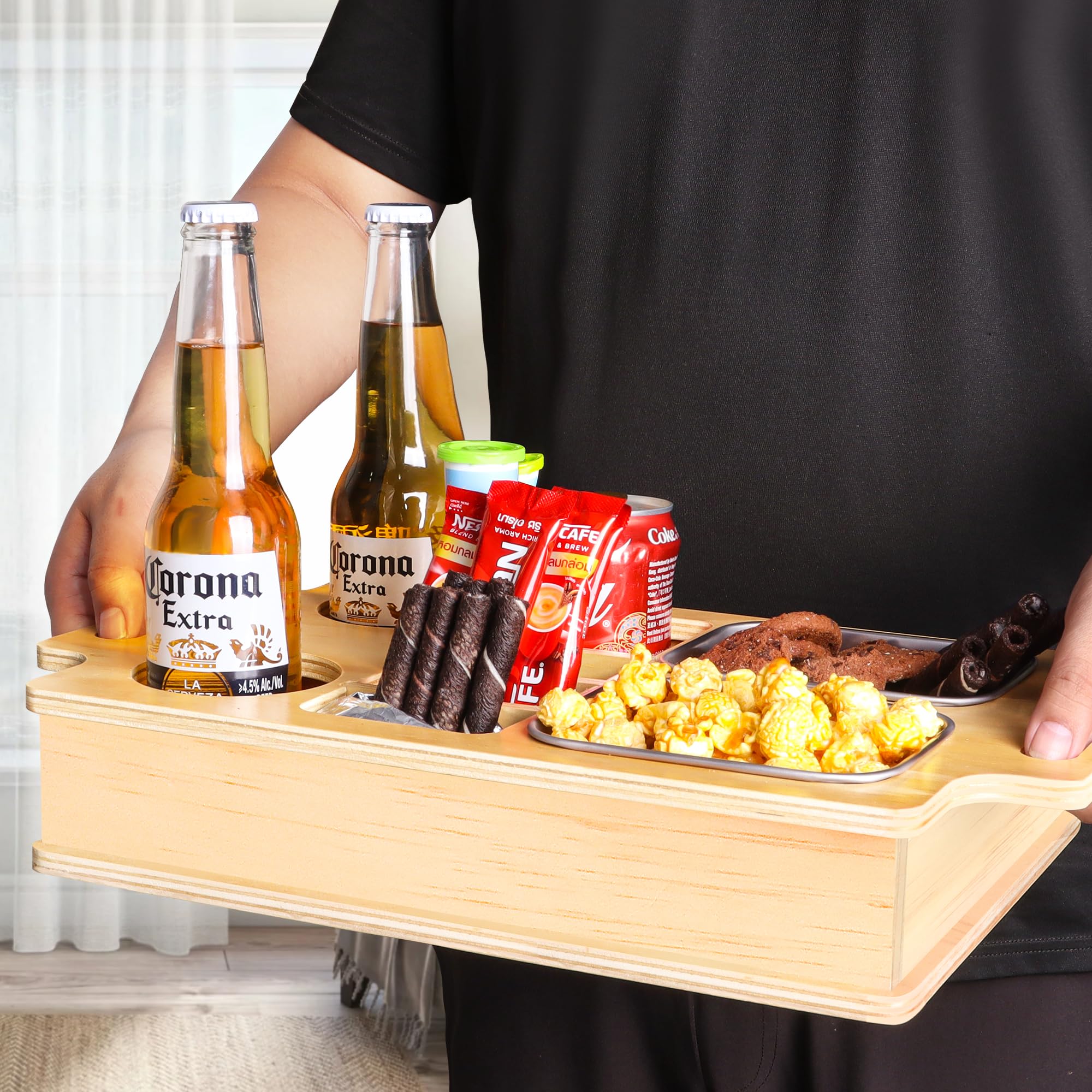 Primo Lines wooden couch caddy sits beside the sofa with organized storage.