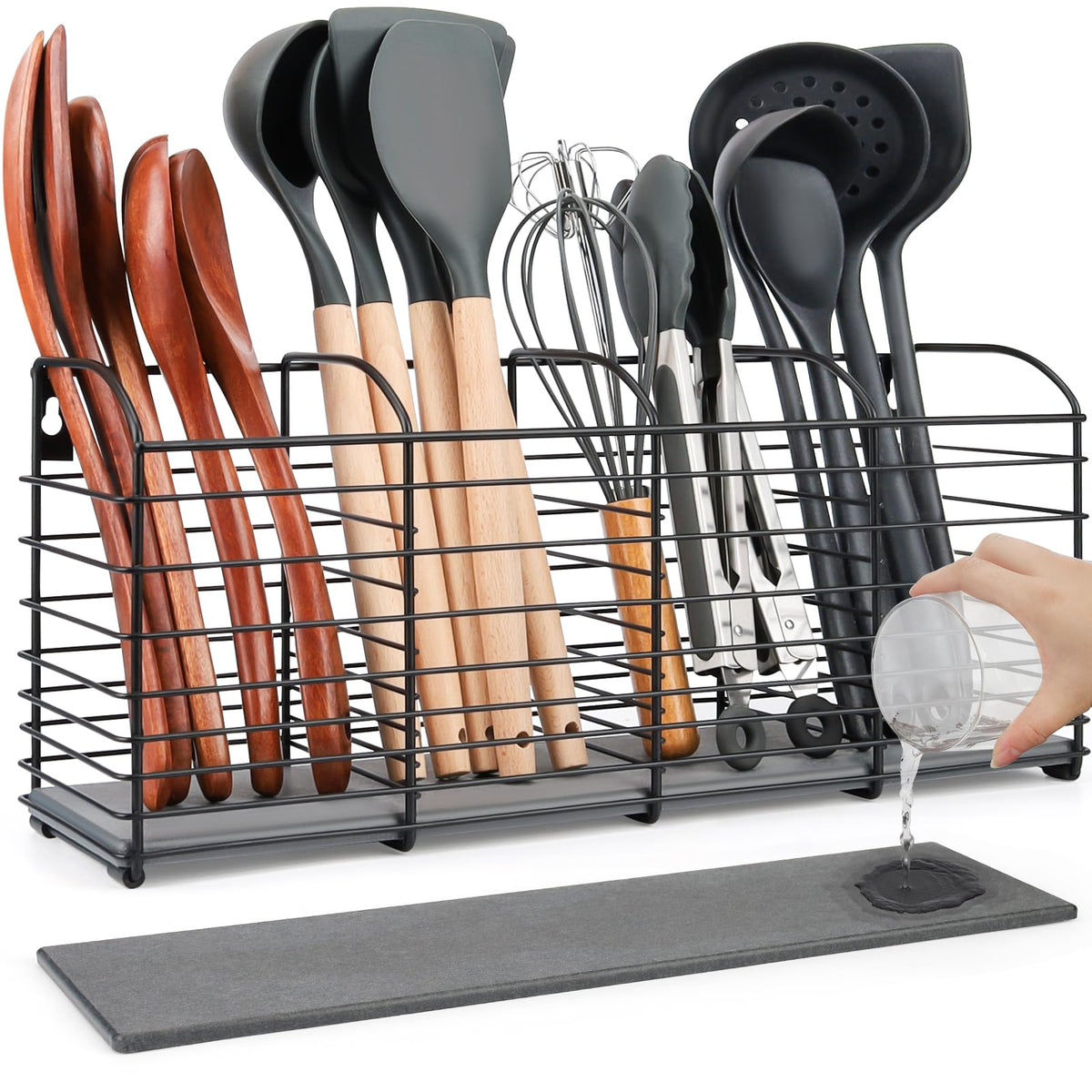 PrimZooty extra-large utensil holder with diatomaceous earth base dries utensils quickly.
