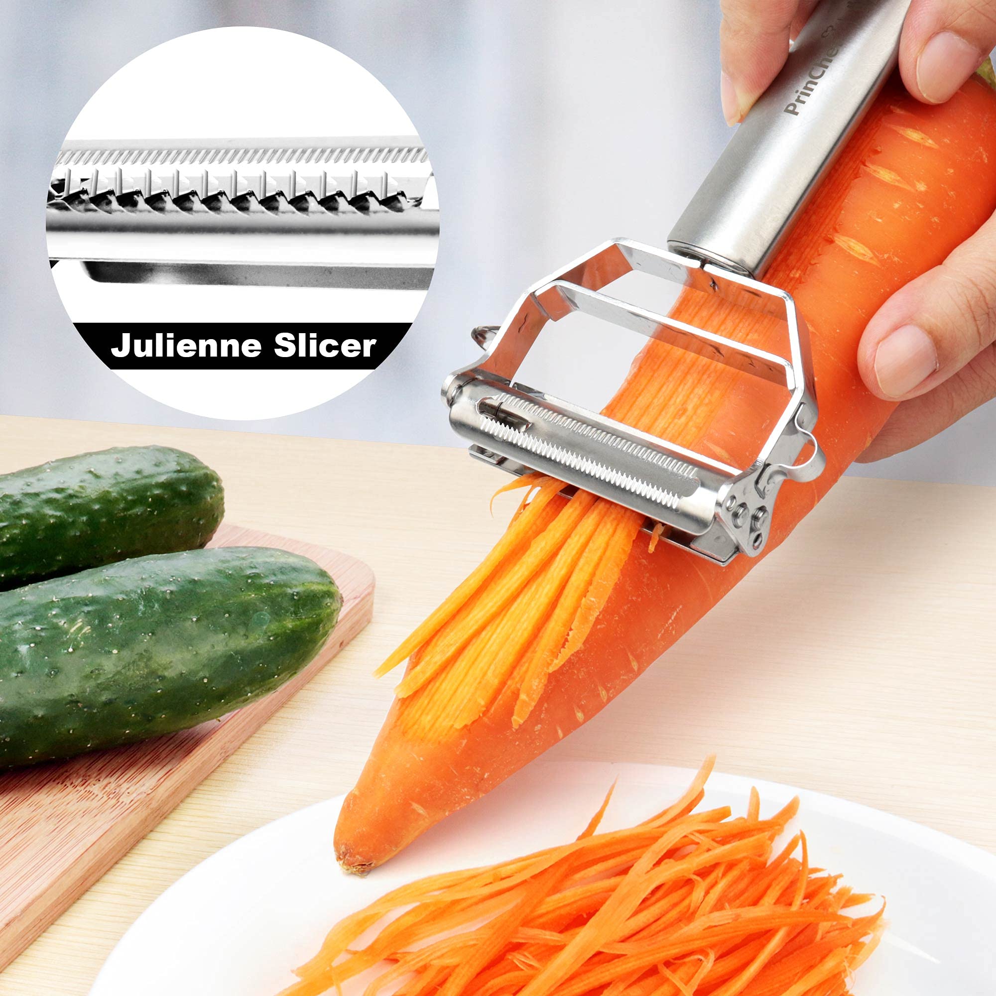 PrinChef julienne slicer in action creates uniform veggie strips.