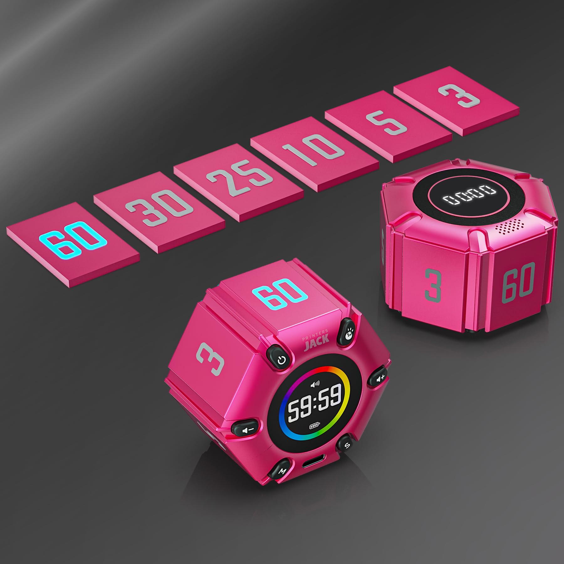 Four brightness levels and alert modes on Printers Jack timer in hot pink for adaptable alerts.