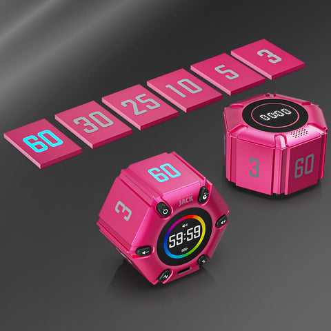 Four brightness levels and alert modes on Printers Jack timer in hot pink for adaptable alerts.