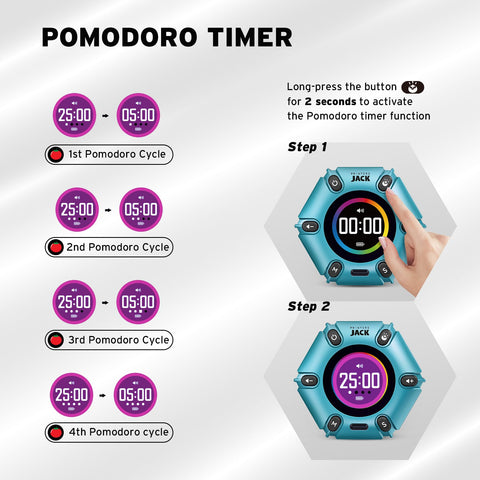 Printers Jack Pomodoro button for focused work cycles.