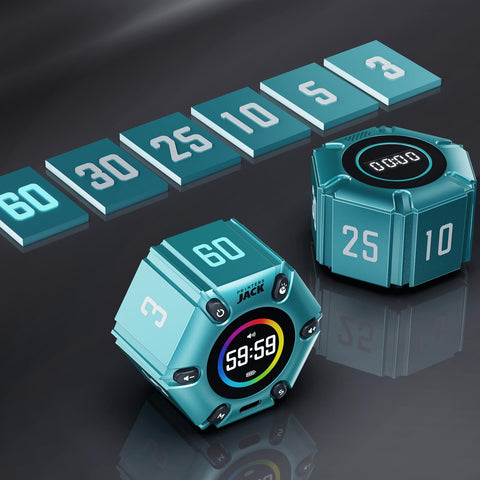 Printers Jack Pomodoro Timer in turquoise on kitchen counter, great for quick focus sessions.