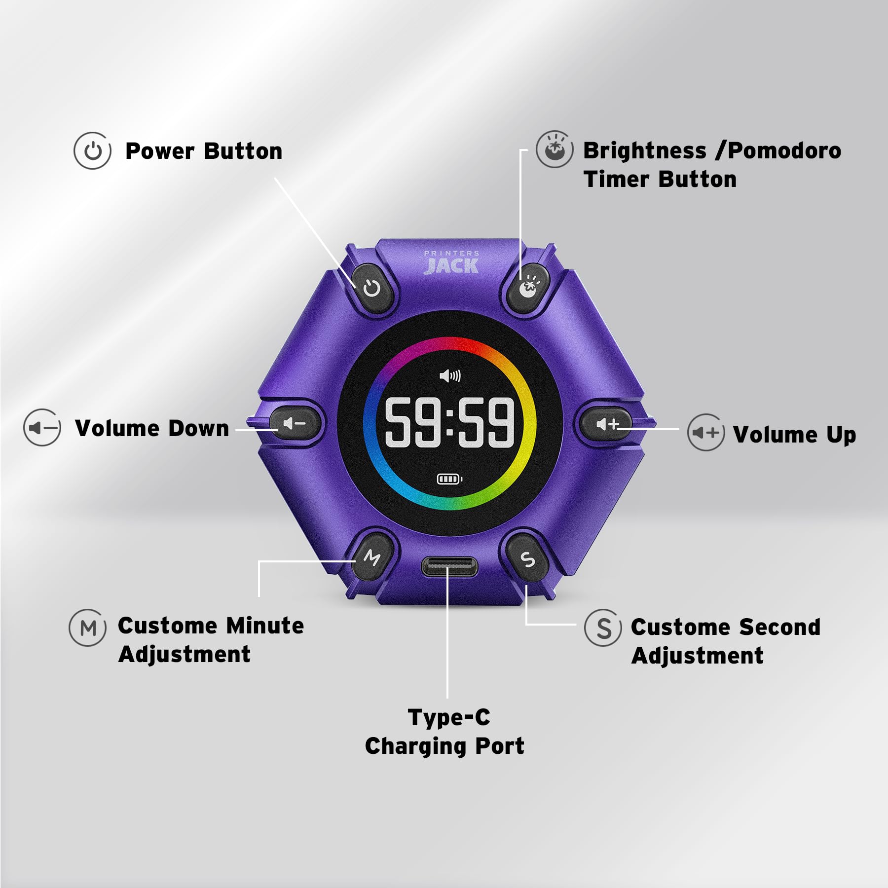 Purple Printers Jack timer on a desk setup for vibrant aesthetics
