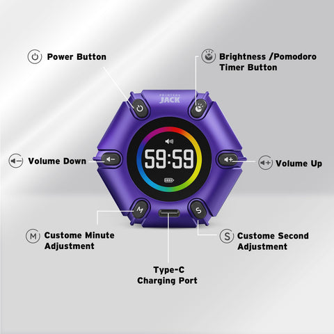 Purple Printers Jack timer on a desk setup for vibrant aesthetics