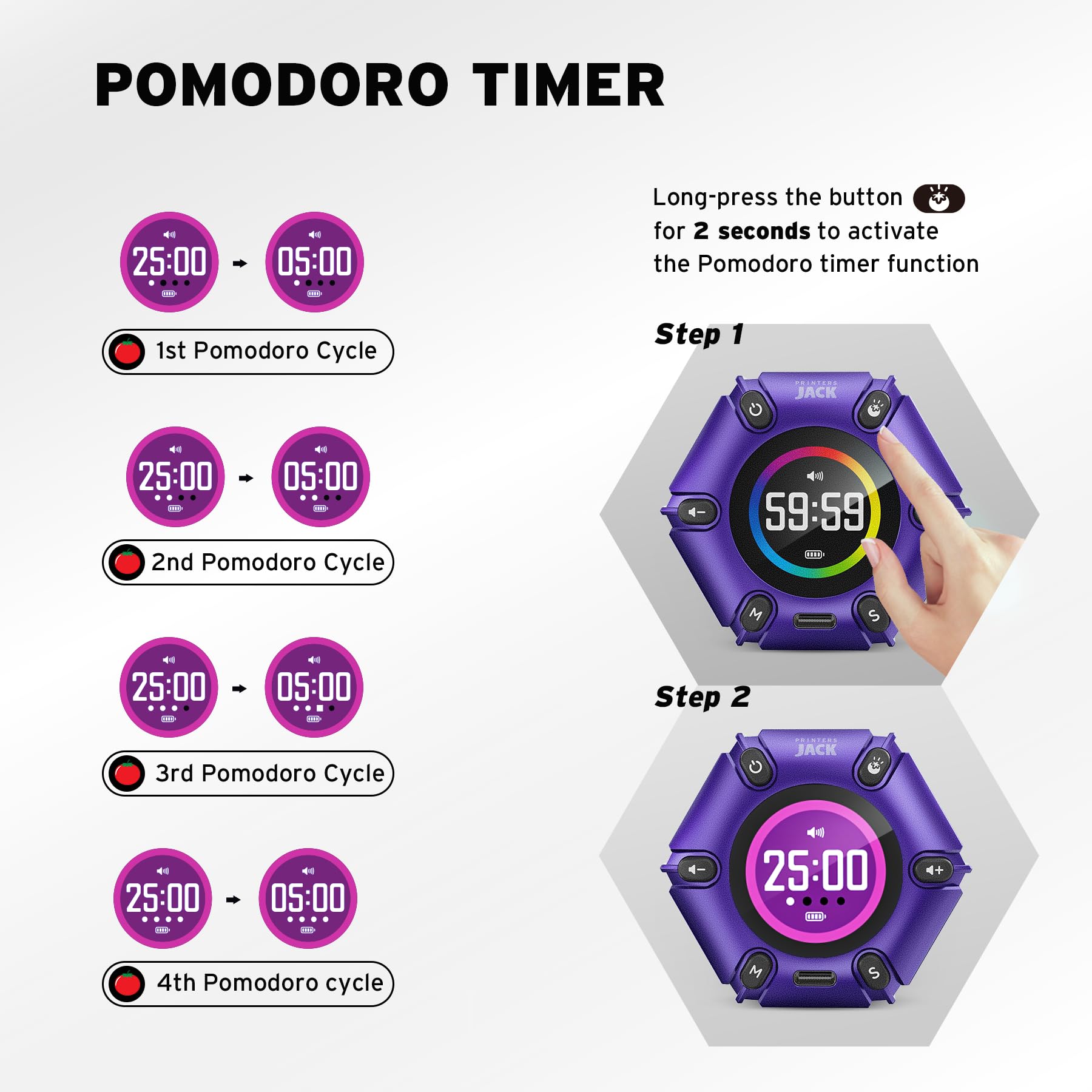 Side view showing brightness controls and mode options on the timer
