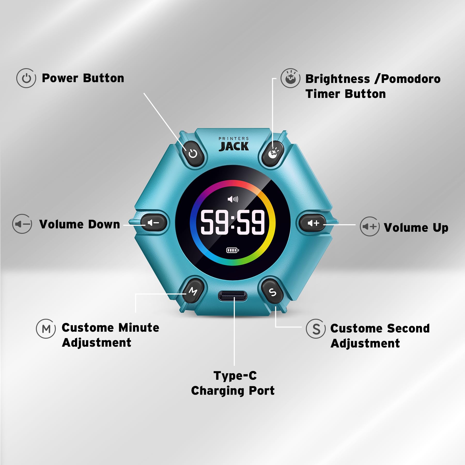 Printers Jack Timer brightness control with four levels.