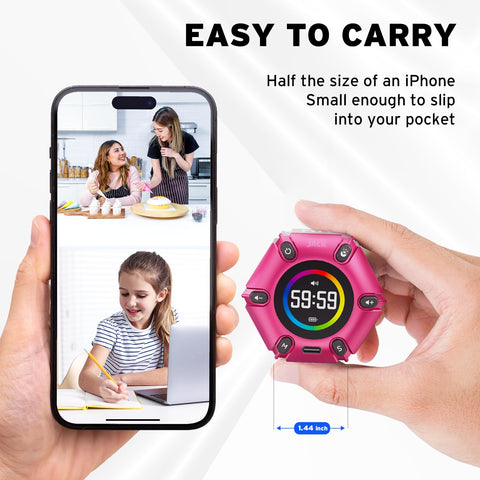 Timer on desk during work or study with Printers Jack hot pink finish.