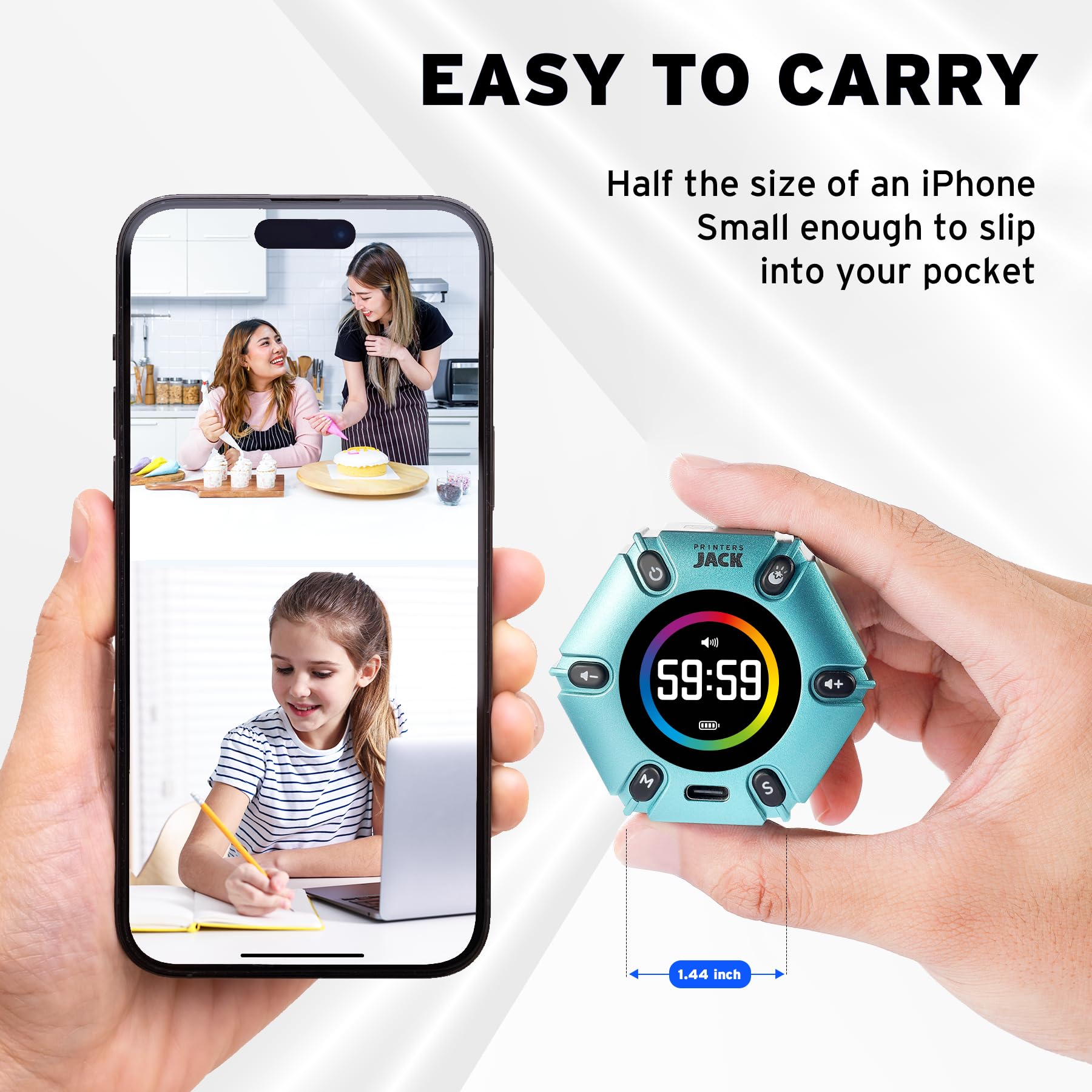 Printers Jack timer USB-C rechargeable power and charging.