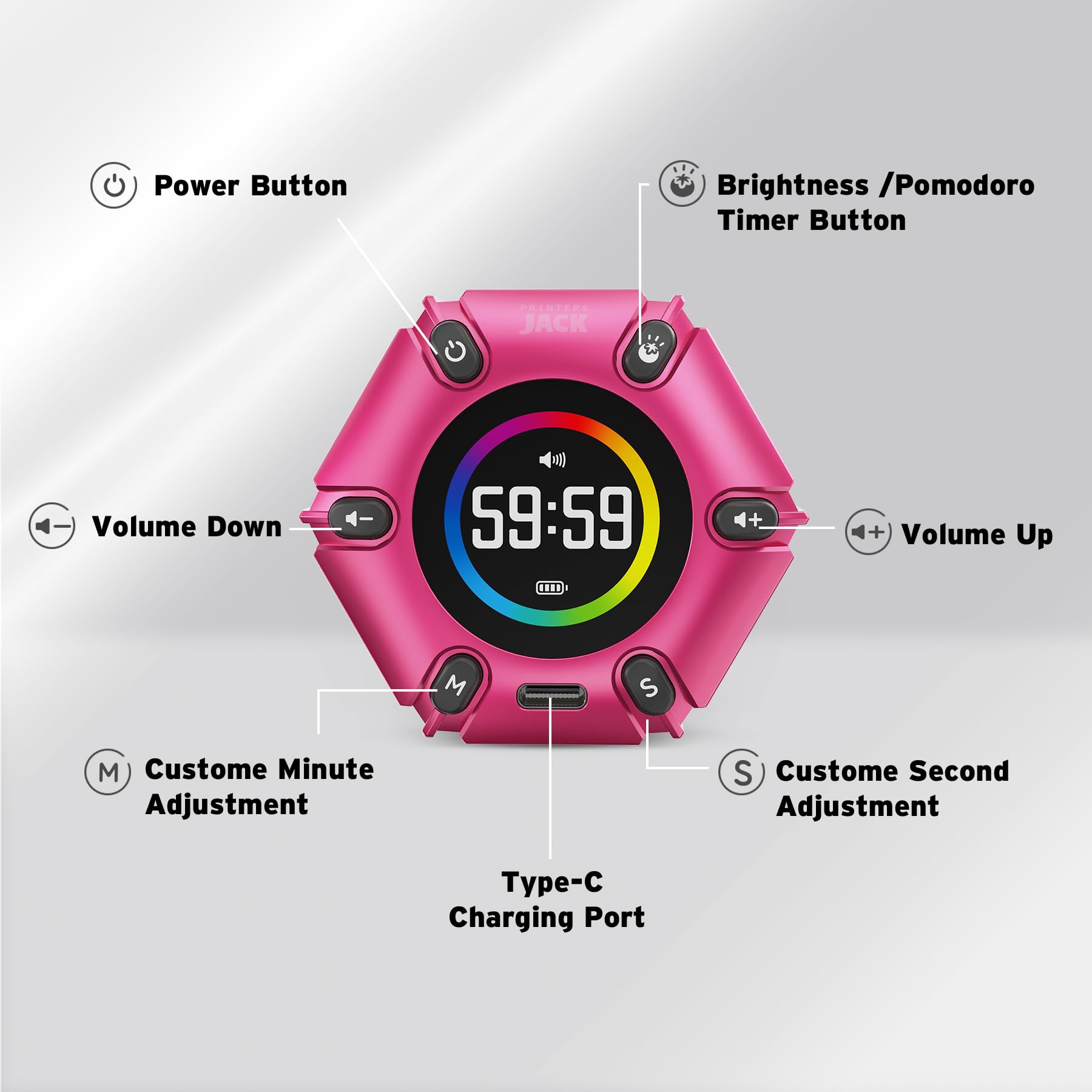 USB C rechargeable port on Printers Jack timer in hot pink enables charging while using.