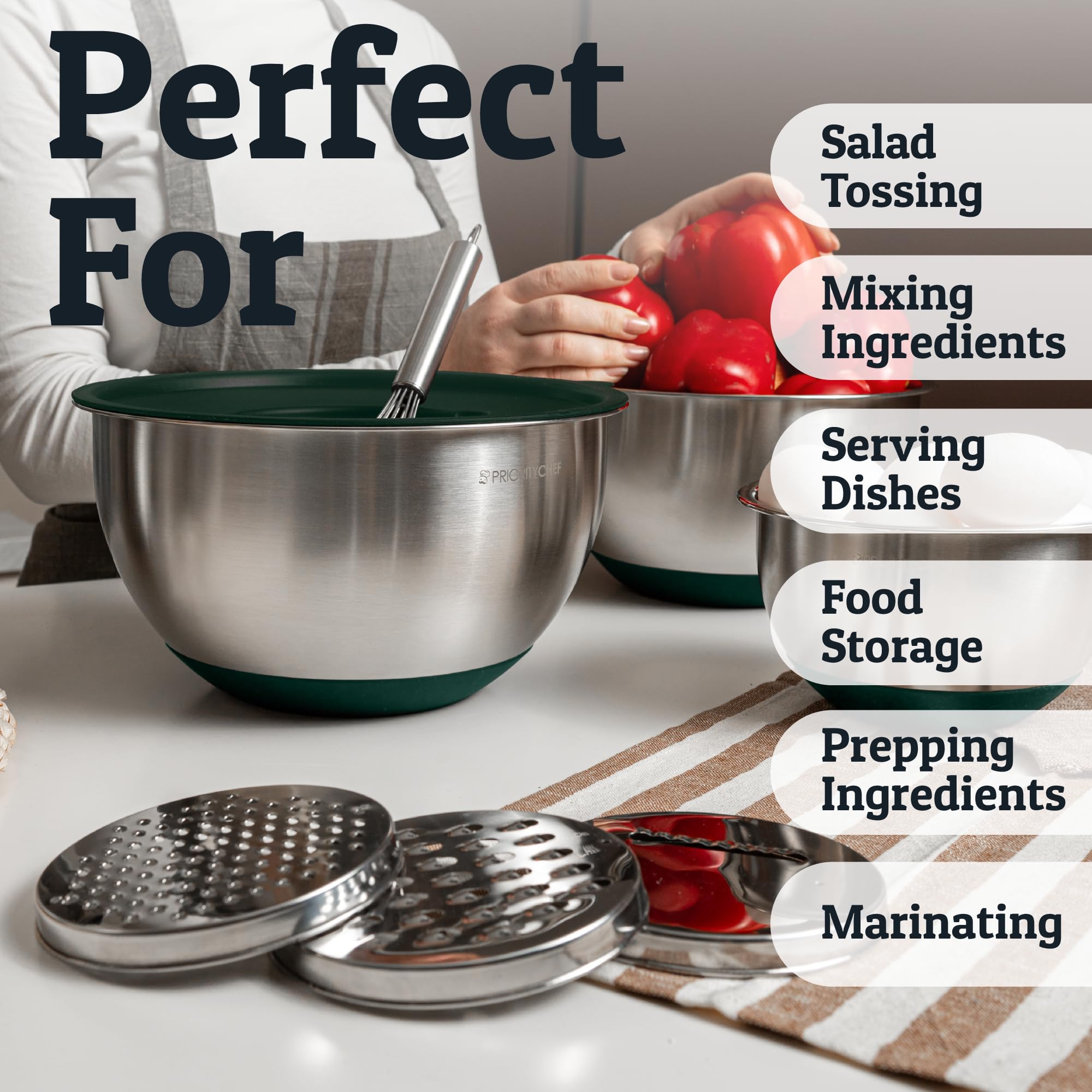 Priority Chef airtight lids used for prep and leftovers storage.