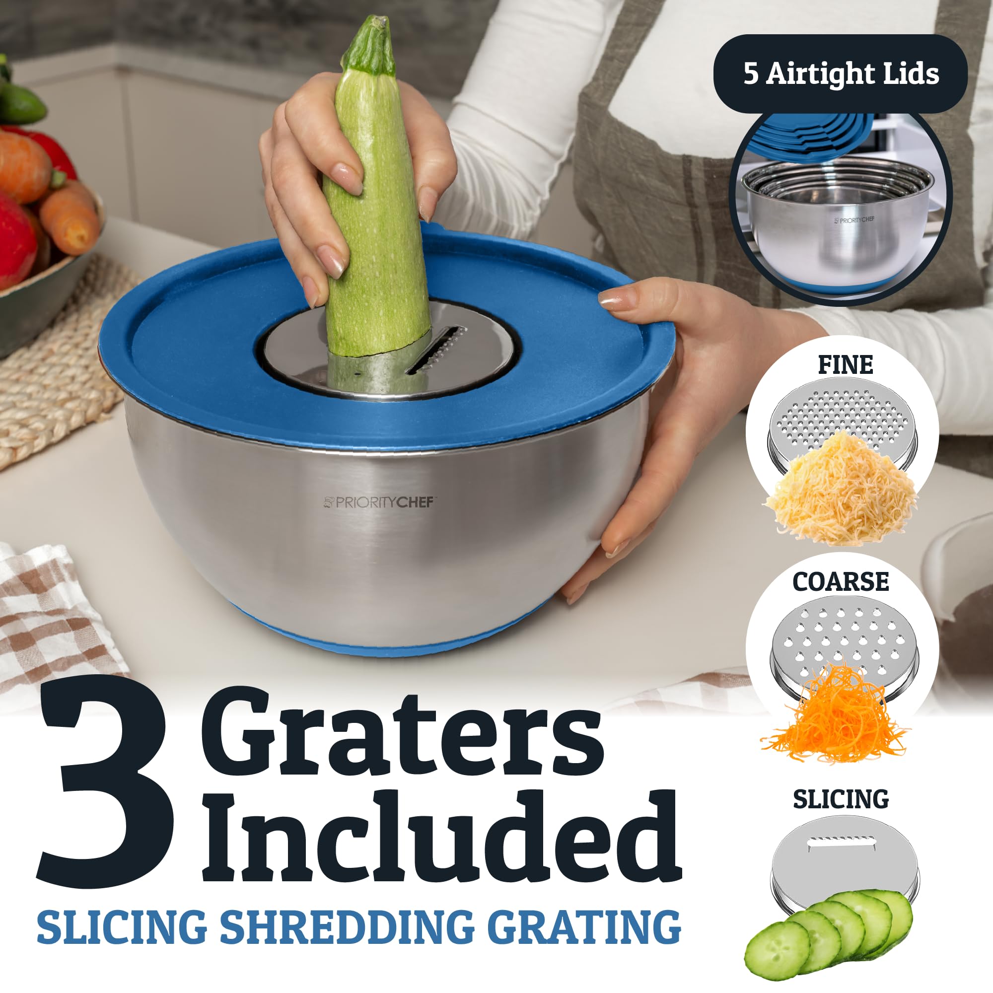 Priority Chef bowls include grater attachments for in-bowl prep.