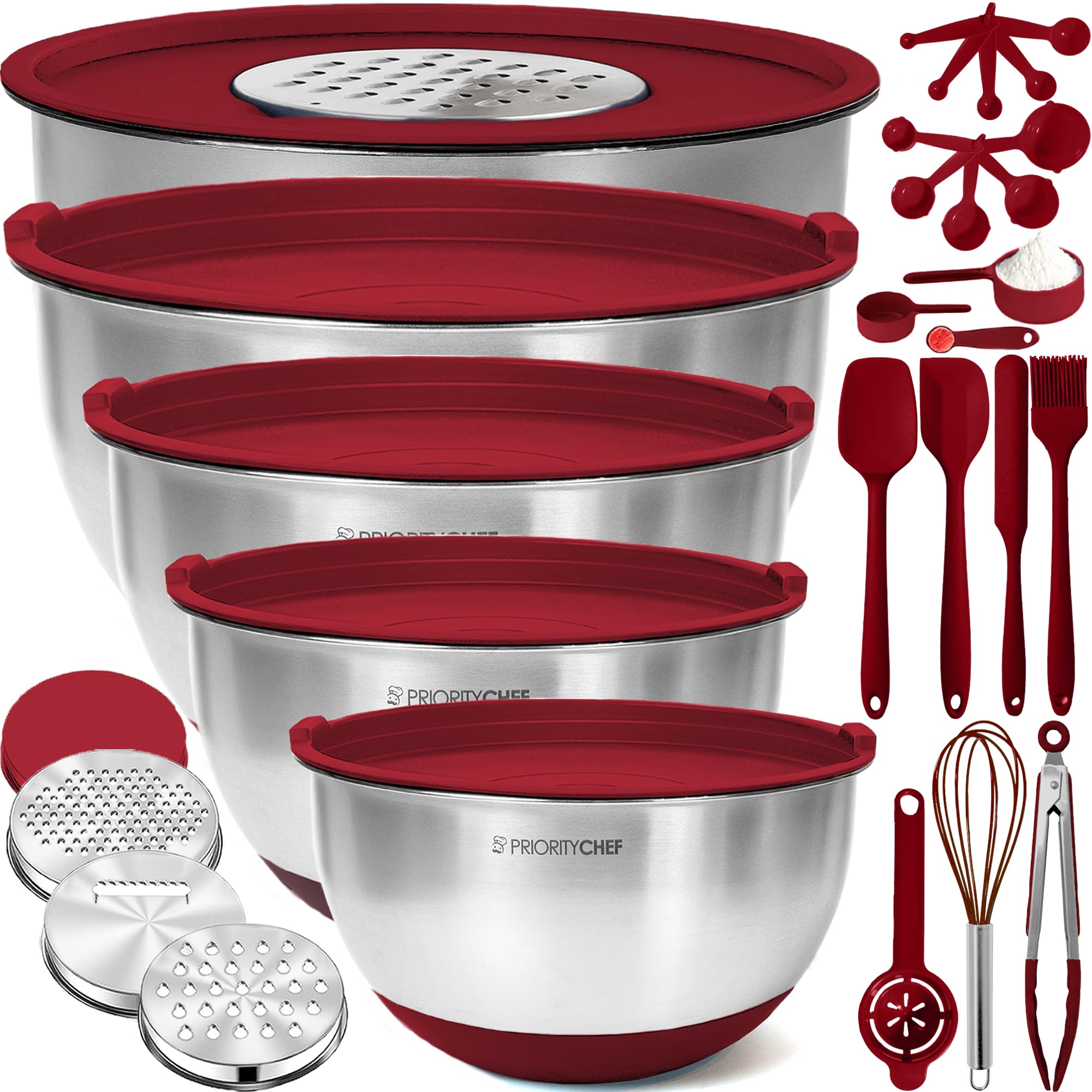 Priority Chef stainless steel mixing bowls with airtight lids for fresh storage.