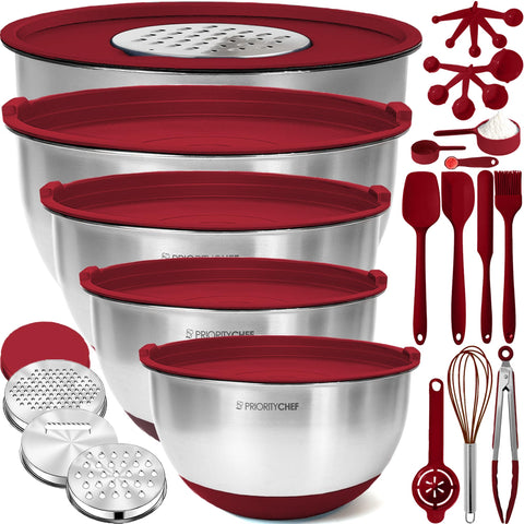 Priority Chef stainless steel mixing bowls with airtight lids for fresh storage.