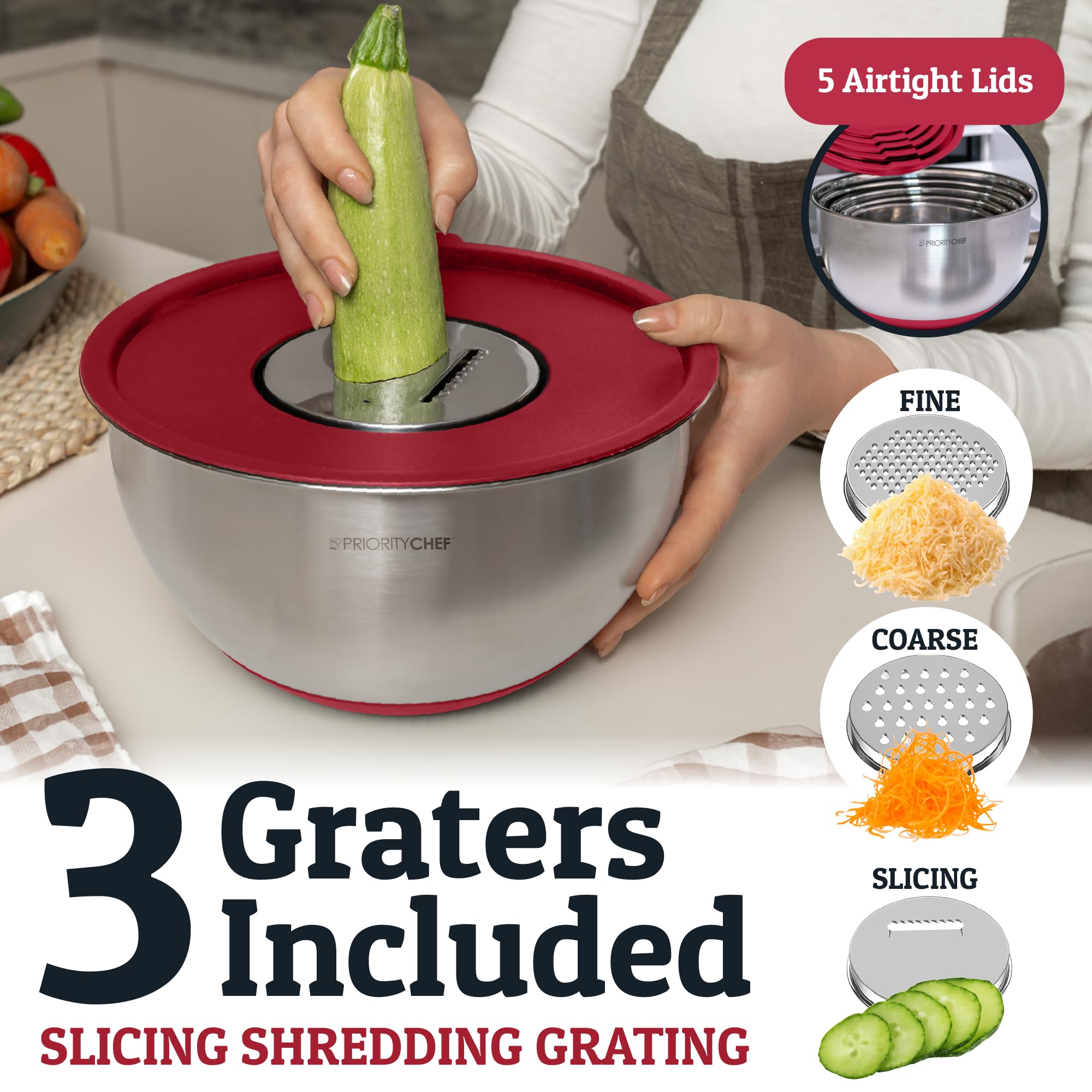 Airtight lids seal Priority Chef bowls to prevent leaks during fridge storage.