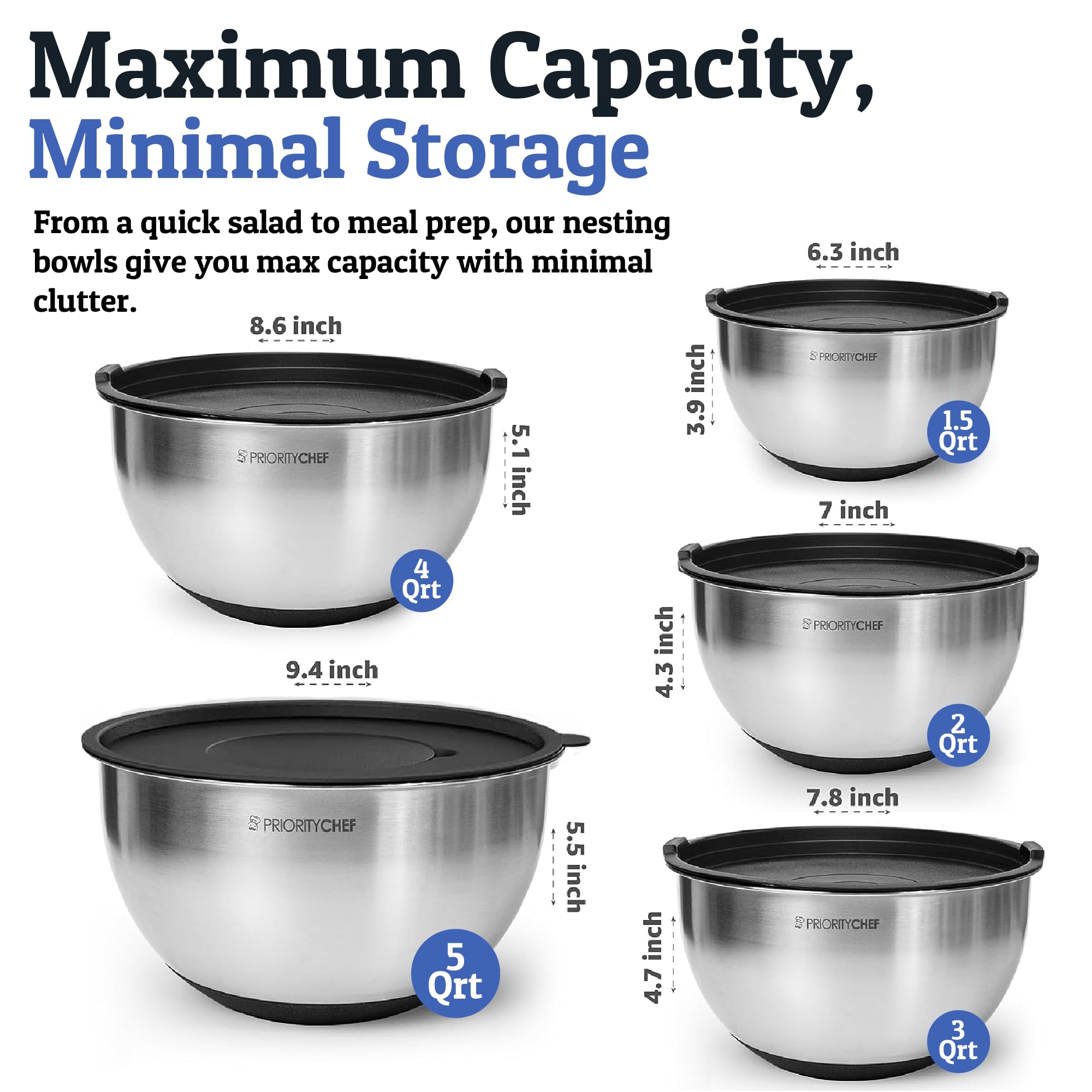 Priority Chef bowls show inner measurement marks for quick, accurate prep