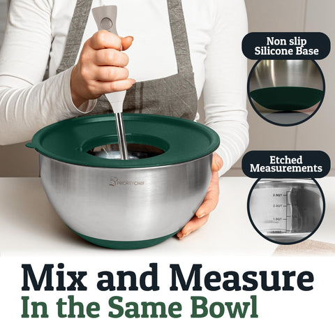 Priority Chef bowls display inside measurement marks for precise mixing.