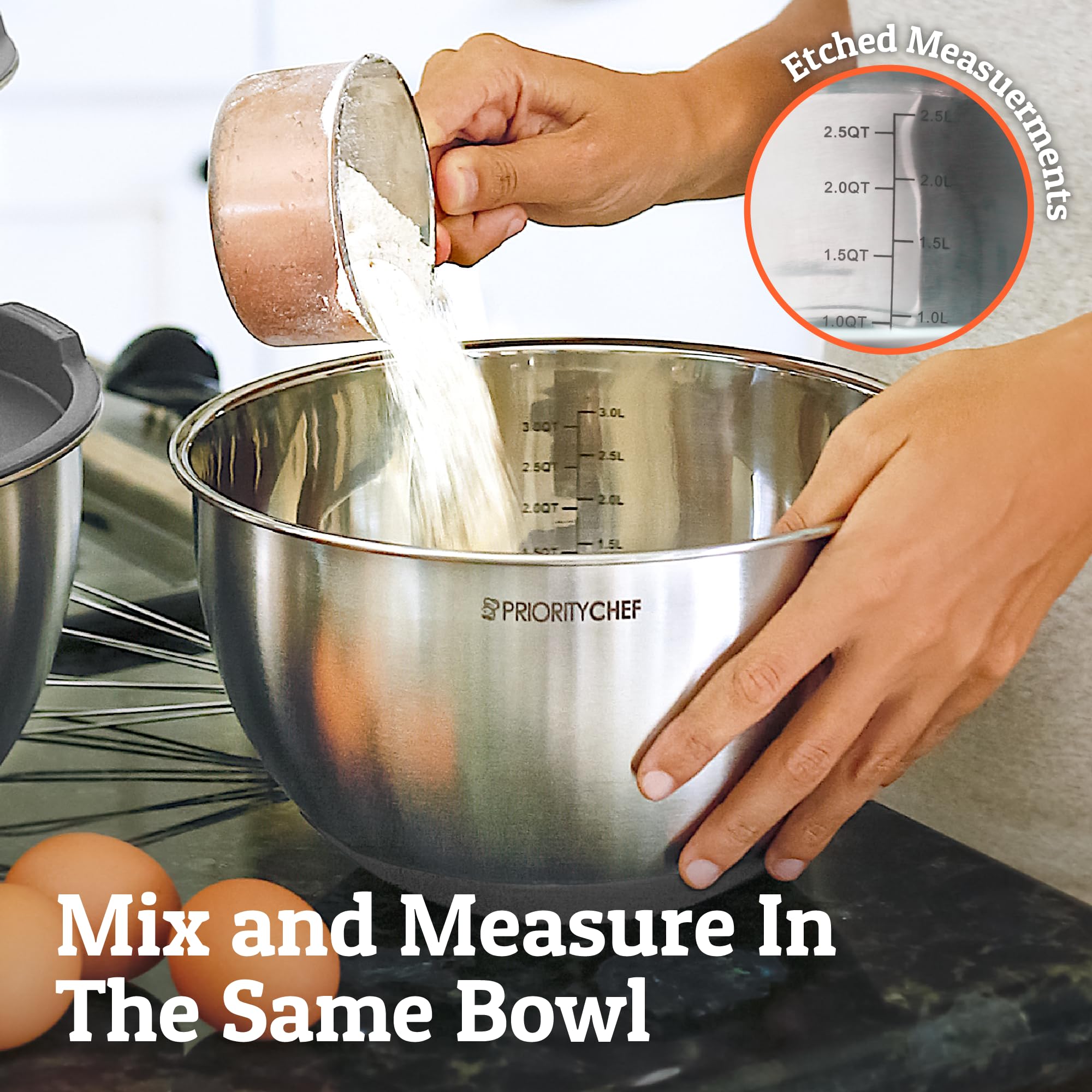 Priority Chef bowls nest together for compact grey storage and easy access.