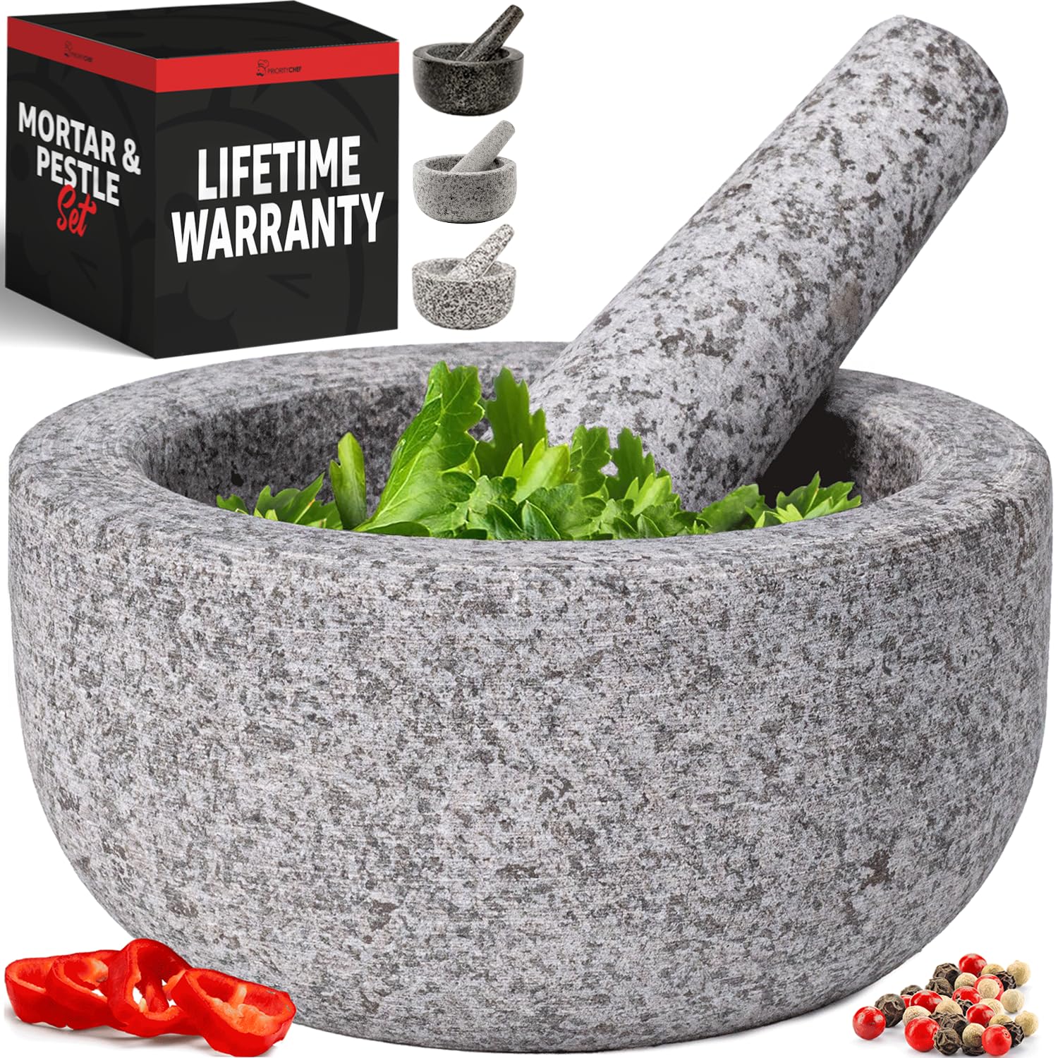 Priority Chef granite mortar and pestle on countertop for fresh sauces