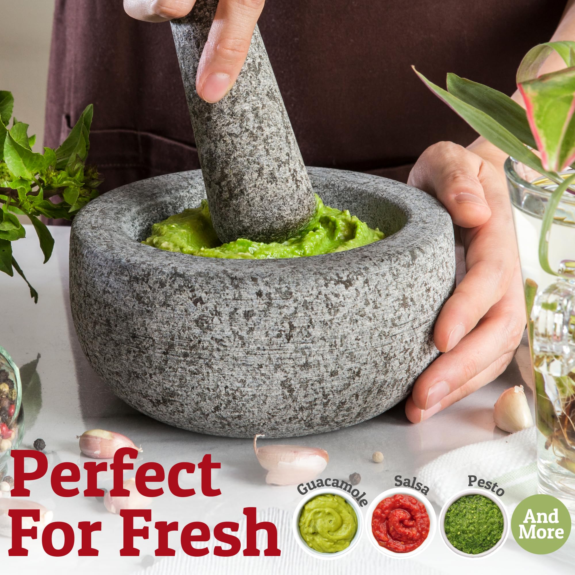 Priority Chef grey mortar and pestle displayed in a modern kitchen