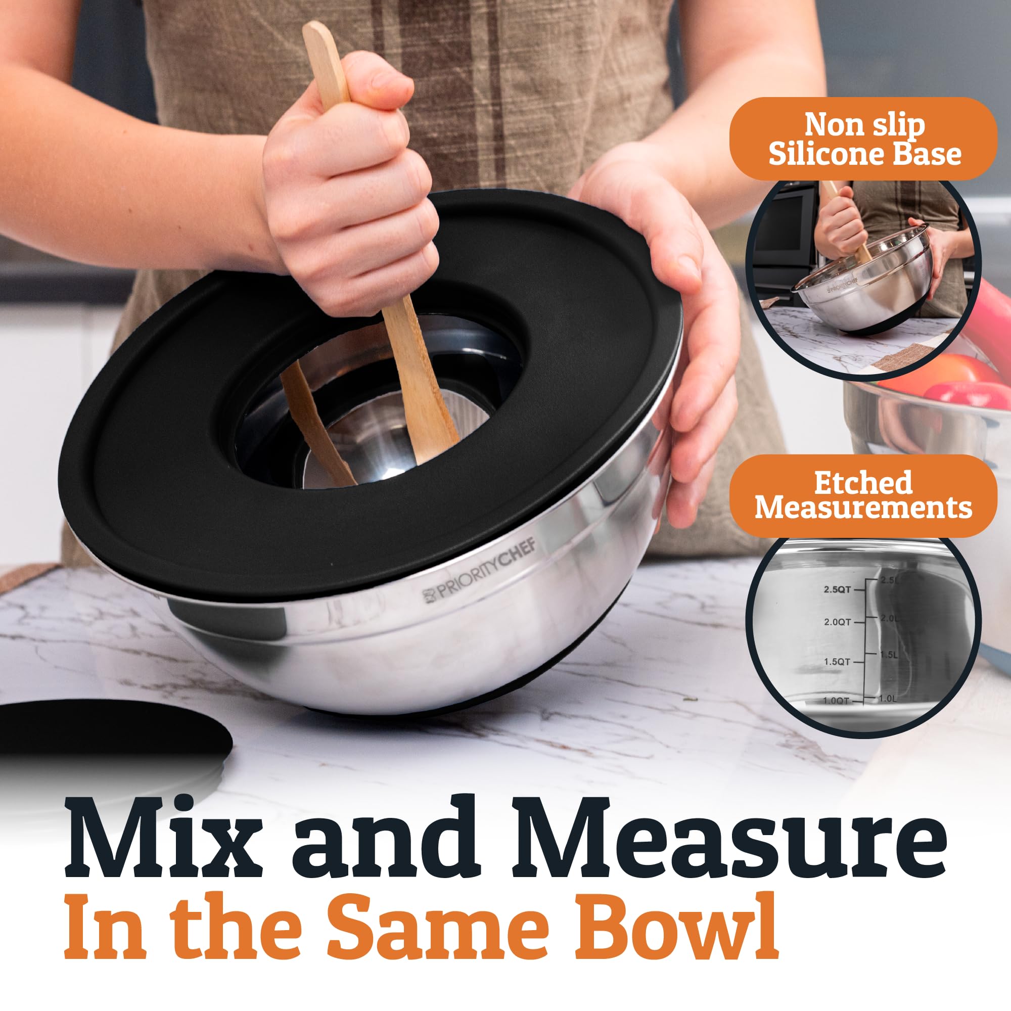Inner measurement markings inside Priority Chef bowls for quick quantity checks.