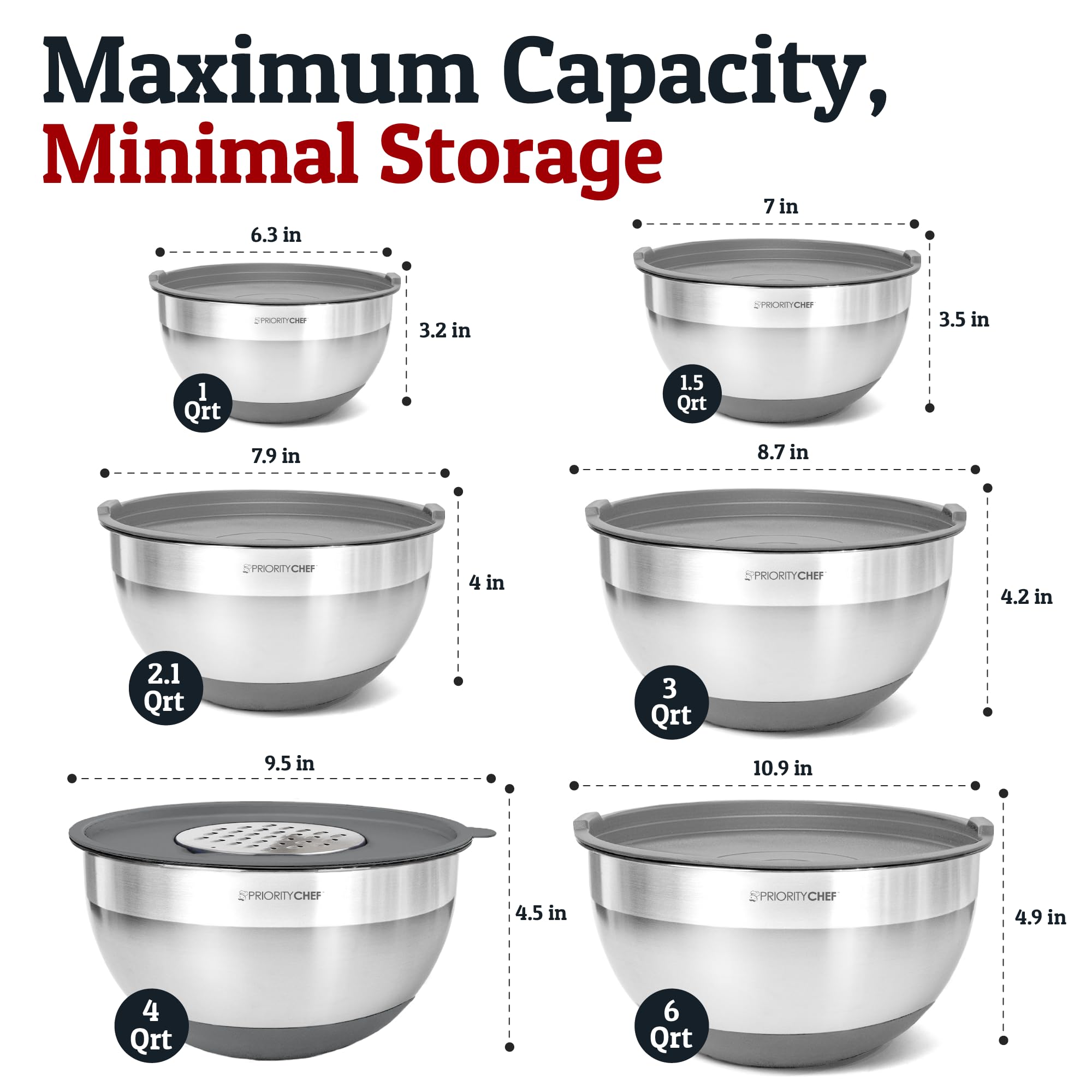 Priority Chef bowls feature inner measurement marks for quick, precise prep.