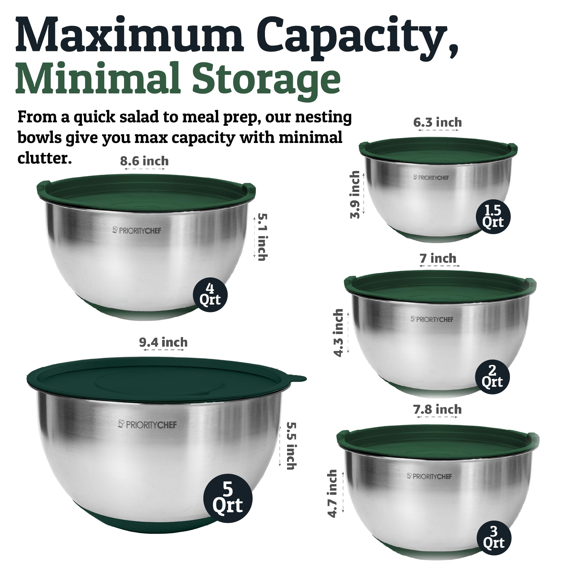 Priority Chef bowls show inner measurements for precise mixing.