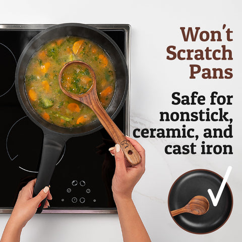 Long-handle teak spoon by Priority Chef ideal for reaching deep pots.