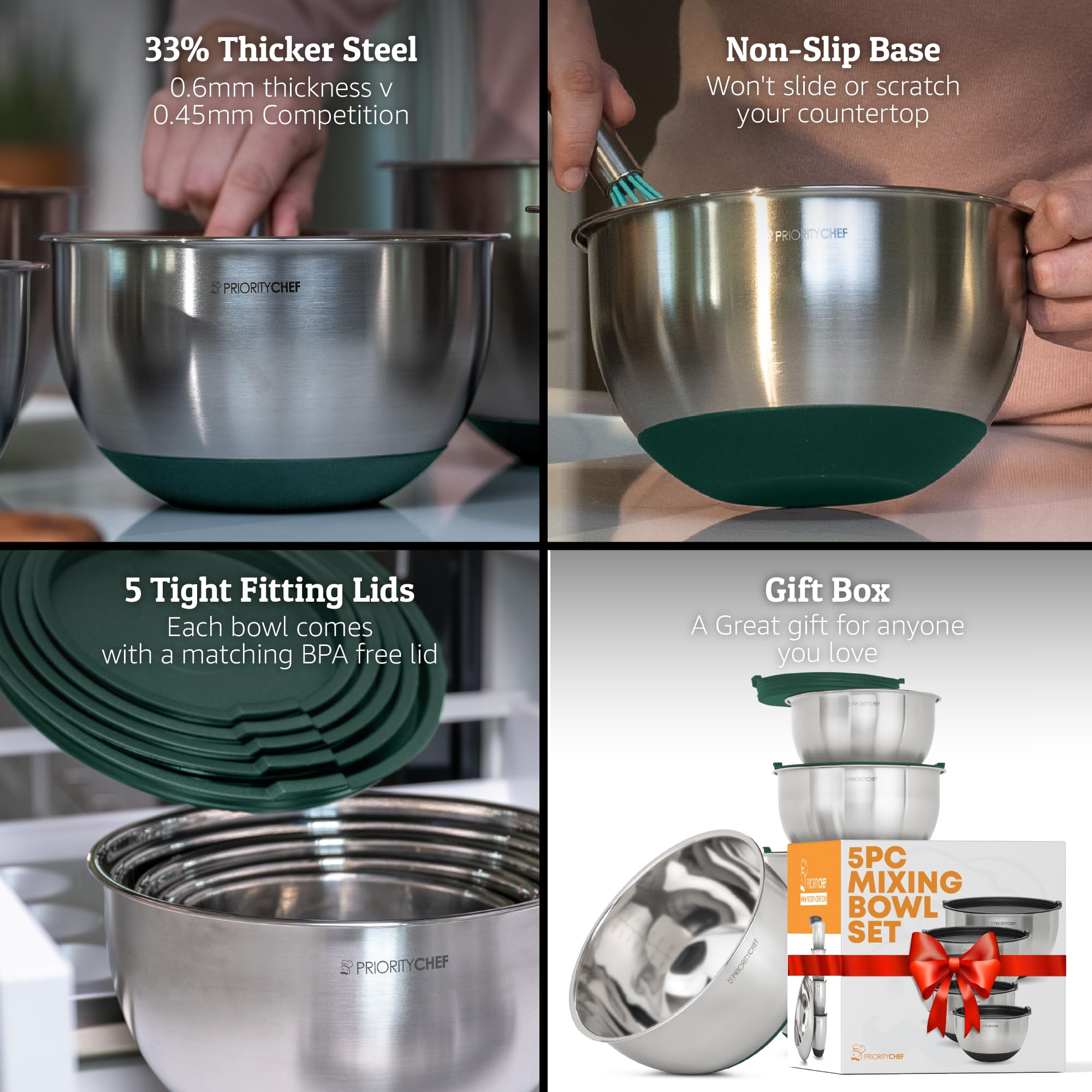 Priority Chef bowls with non-slip silicone base stay steady during mixing.