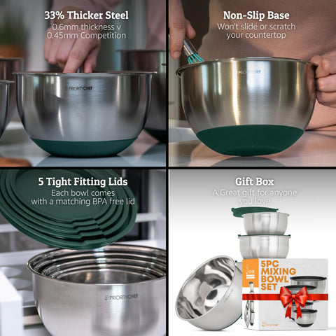 Priority Chef bowls with non-slip silicone base stay steady during mixing.