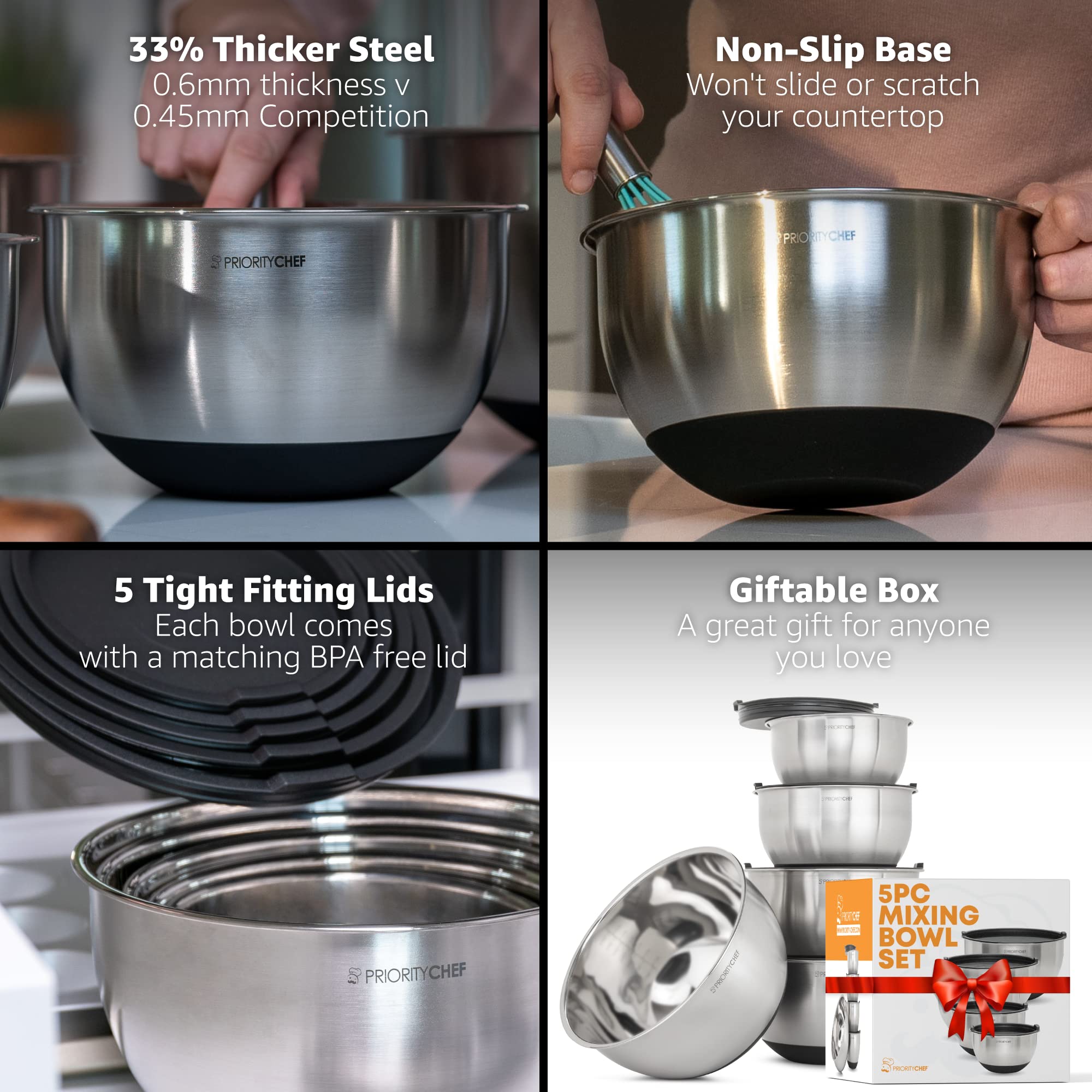 Priority Chef bowls featuring a non-slip silicone base for steady mixing.