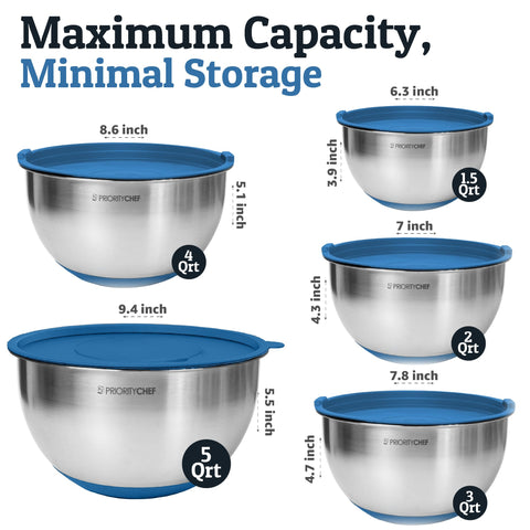 Priority Chef bowls on non-slip silicone bases provide stable mixing.