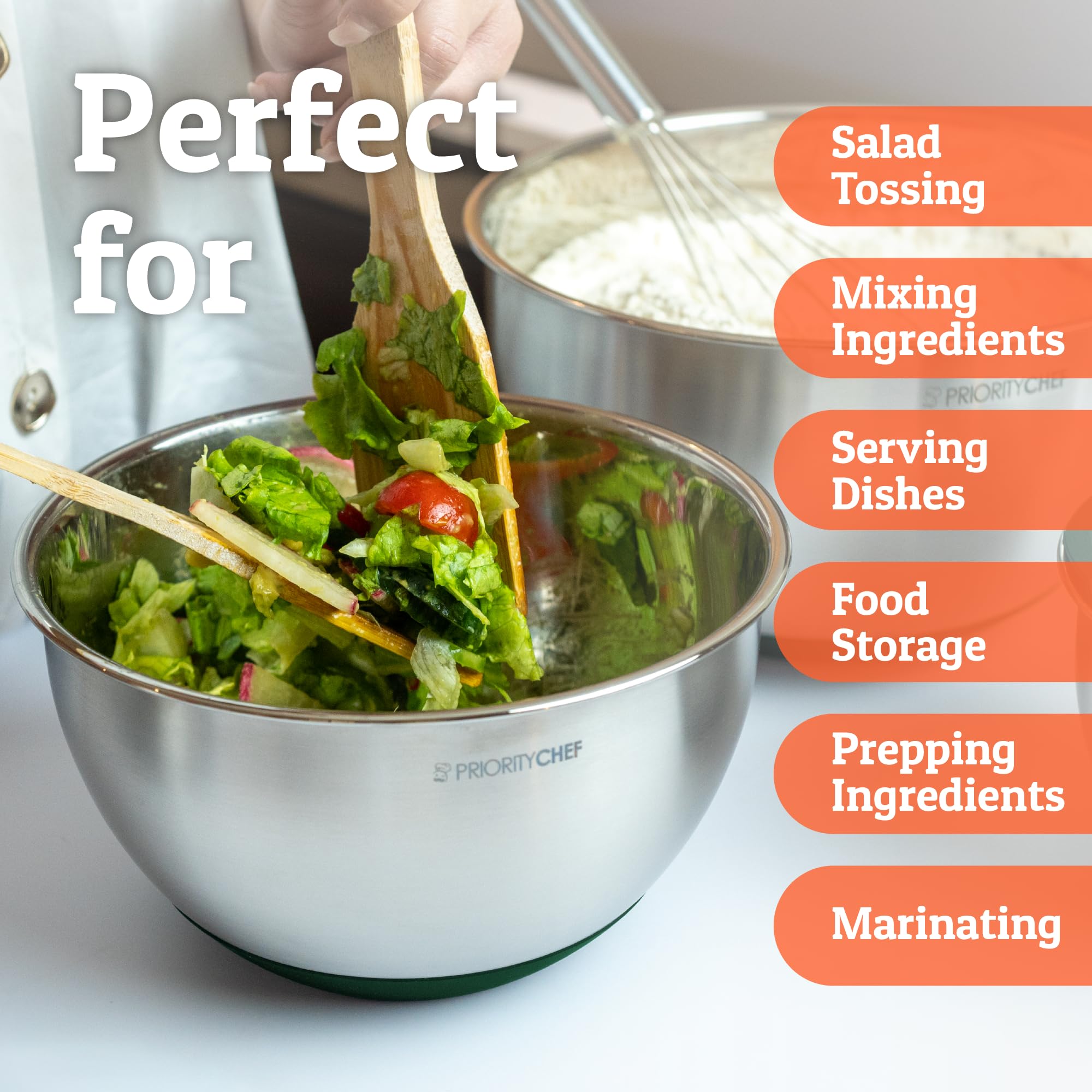 Priority Chef nesting bowls save kitchen space when stored.