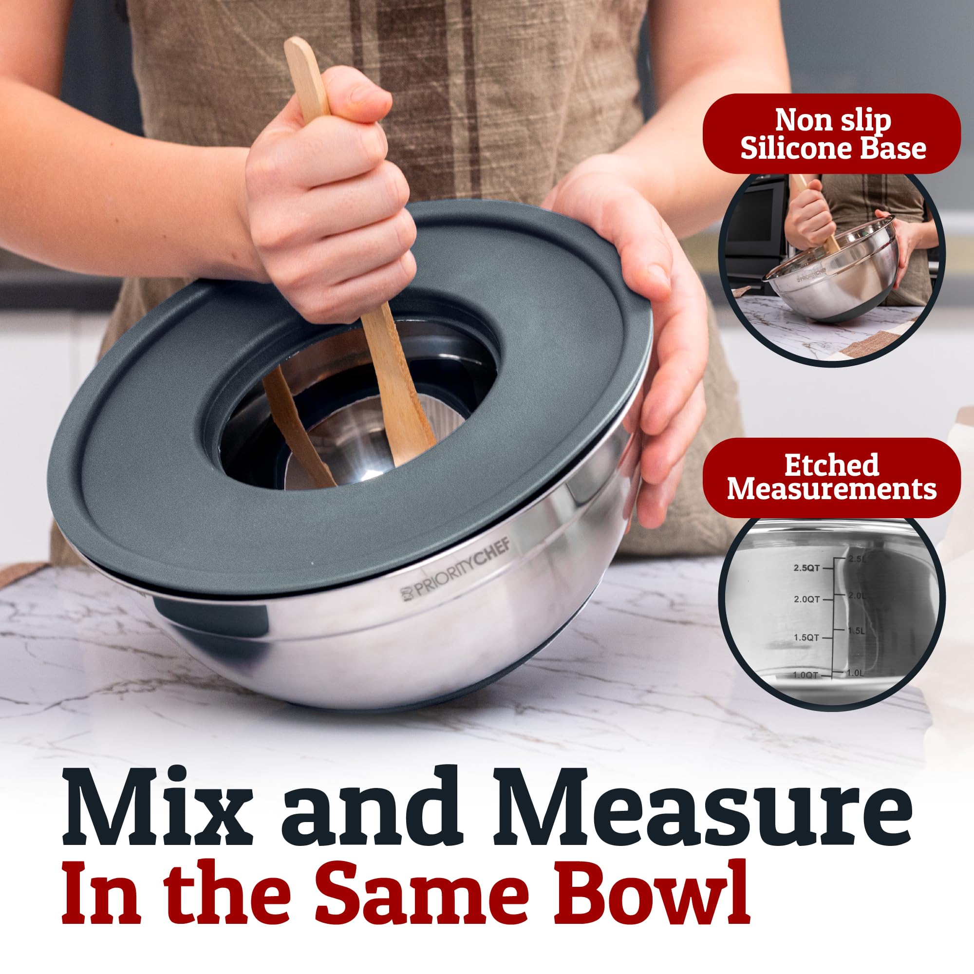 Priority Chef nesting bowls with lids save cabinet space and organize your kitchen.