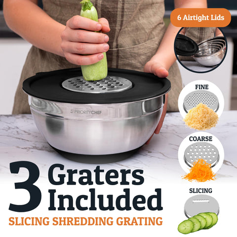 Nested Priority Chef bowls stack neatly for space-saving storage.