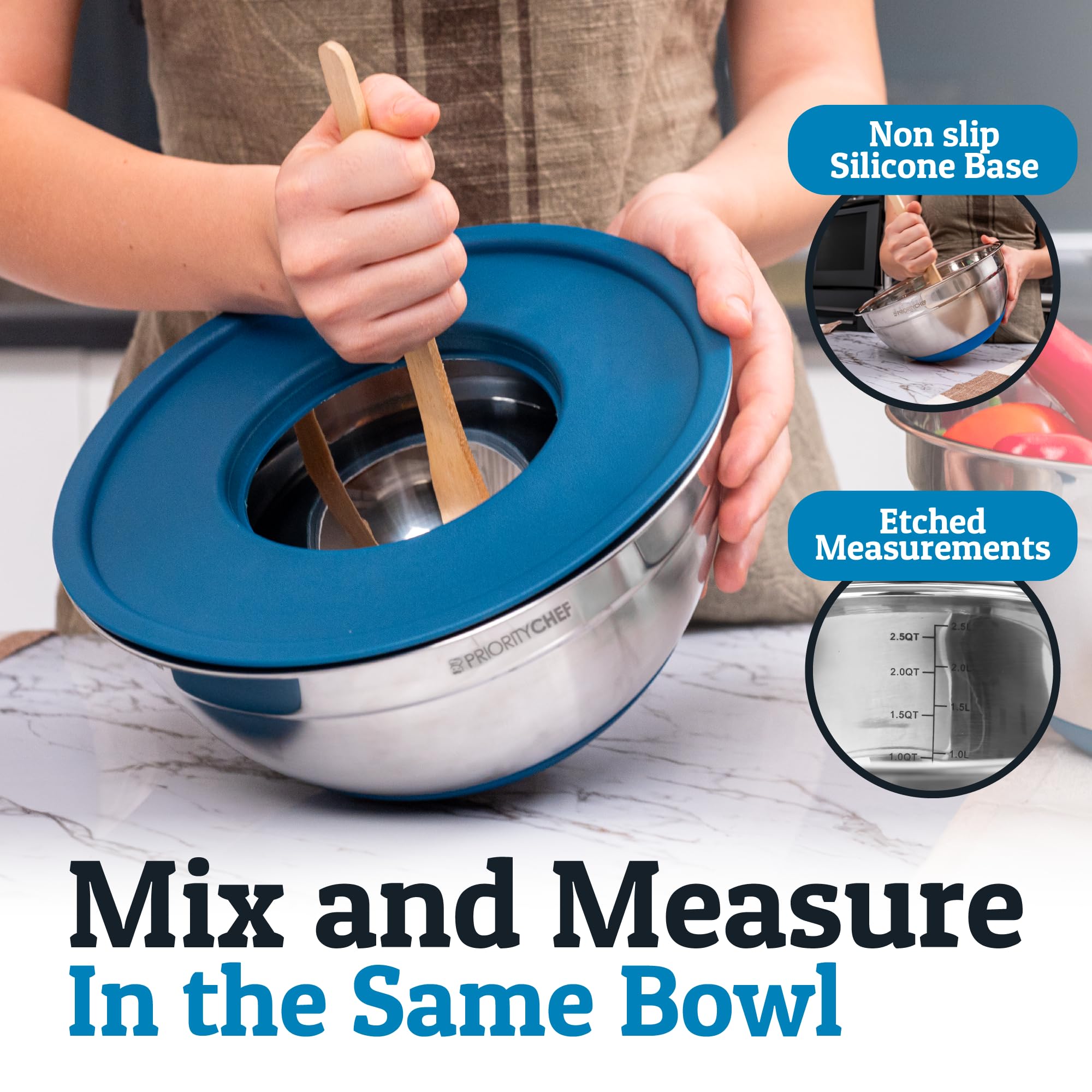 Priority Chef bowls show non-slip bases for stable mixing on the counter.