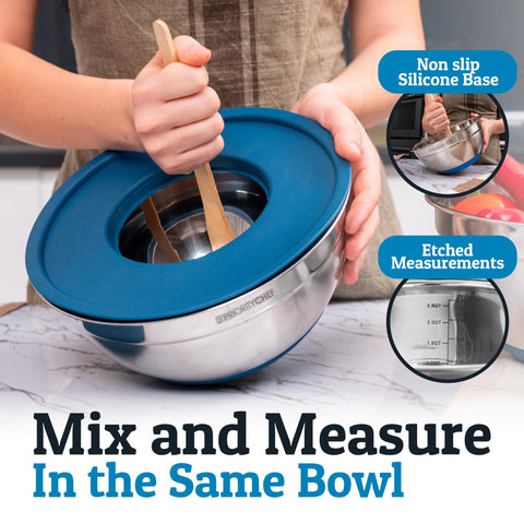 Priority Chef bowls show non-slip bases for stable mixing on the counter.