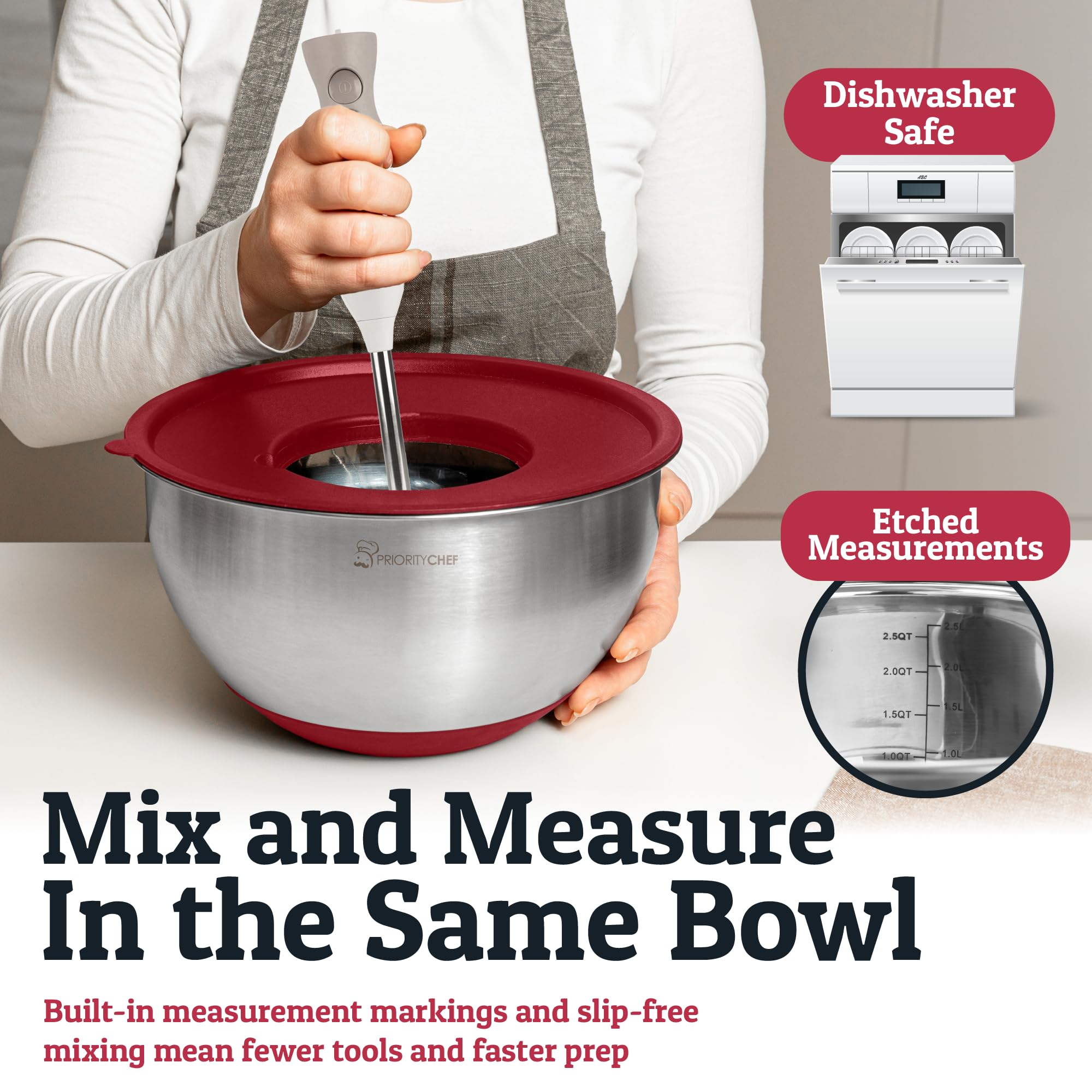 Non-slip silicone bases keep Priority Chef bowls steady while mixing.
